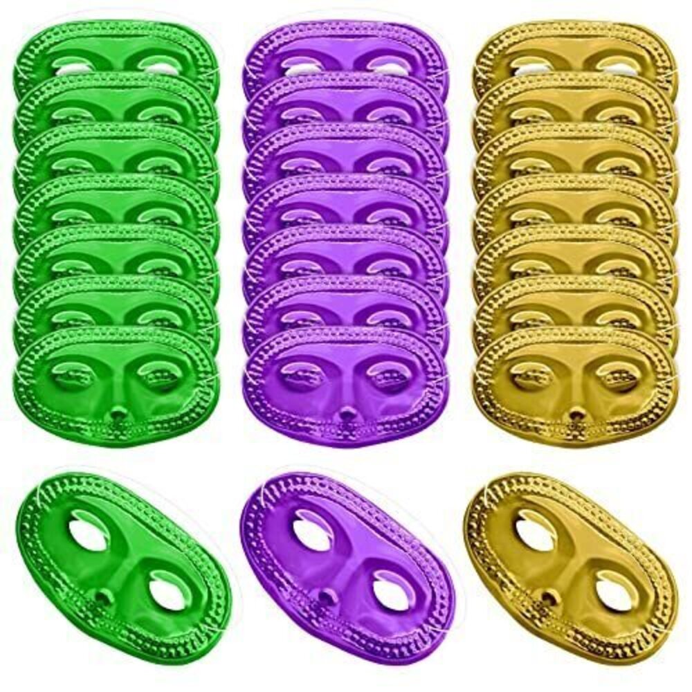 2951 24 Piece Mardi Gras Masks Bulk - Gold Purple Green Metallic Masquerade